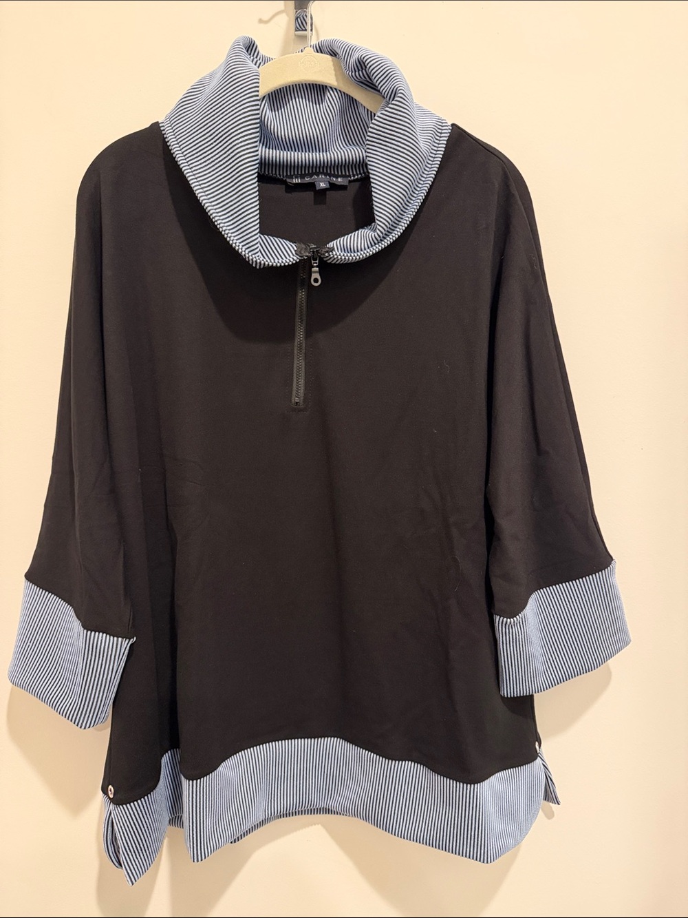 Black Pullover Tunic with Striped Blue-White Trim
